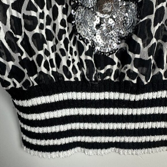 90s Y2K Black White VNeck Elastic Top Semi-sheer Sequin Animal Print Whimsy Goth - Picture 6 of 10